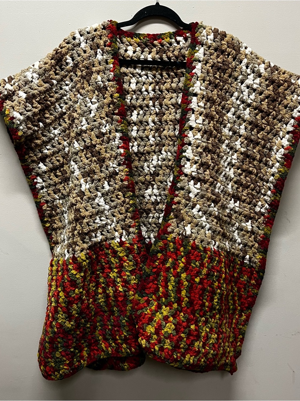 Chunky Multicolor Handmade Crochet Open-Front Sweater - Brown & Red OS